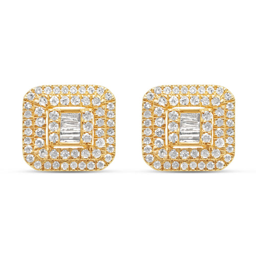 14K Yellow Gold | Round and Baguette Diamond Square Earrings | 1.7CTW | 10.3MM