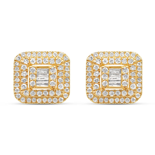 14K Yellow Gold | Round and Baguette Diamond Square Earrings | 1.7CTW | 10.3MM