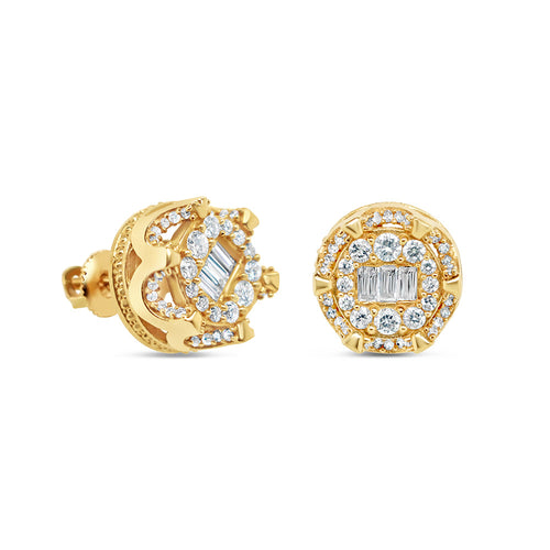 14K Yellow Gold | Round and Baguette Diamond Round Earrings | 0.76CTW | 10.7MM