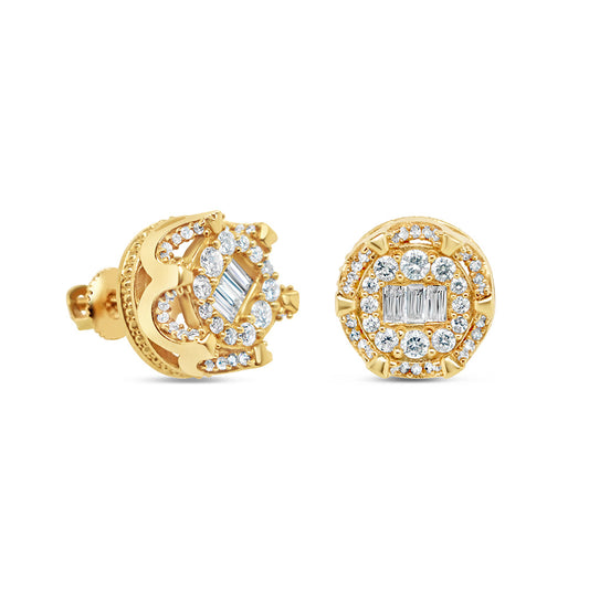 14K Yellow Gold | Round and Baguette Diamond Round Earrings | 0.76CTW | 10.7MM