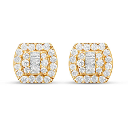 14K Yellow Gold | Round and Baguette Diamond Earrings | 1.07CTW | 10.50MM