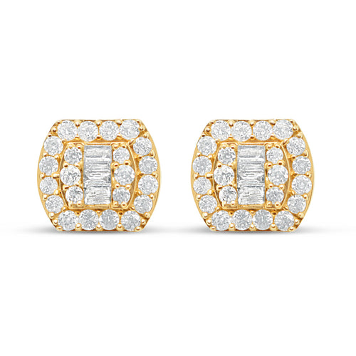 14K Yellow Gold | Round and Baguette Diamond Earrings | 1.07CTW | 10.50MM