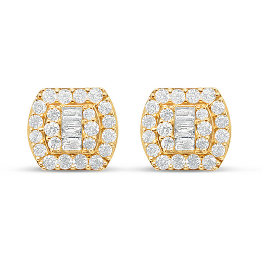 14K Yellow Gold | Round and Baguette Diamond Earrings | 1.07CTW | 10.50MM
