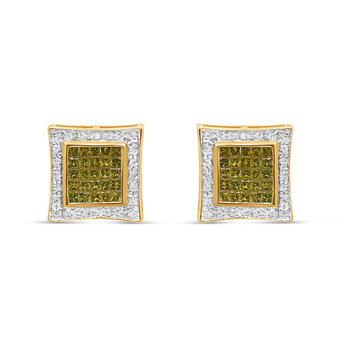 14K Yellow Gold | White and Green Diamonds Square Earrings | 0.76CTW | 14.24MM