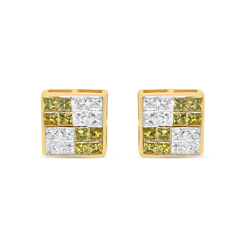 14K Yellow Gold | "4" White and Green Diamonds Square  Earrings | 1.22CTW | 7.73MM