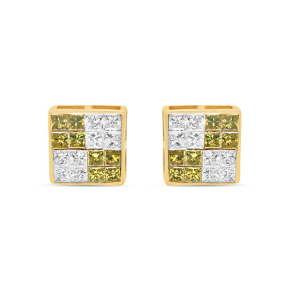 14K Yellow Gold | "4" White and Green Diamonds Square  Earrings | 1.22CTW | 7.73MM