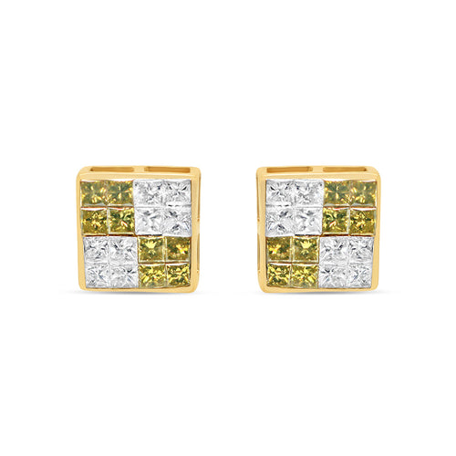 14K Yellow Gold | "4" White and Green Diamonds Square  Earrings | 1.22CTW | 7.73MM