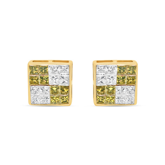 14K Yellow Gold | "4" White and Green Diamonds Square  Earrings | 1.22CTW | 7.73MM