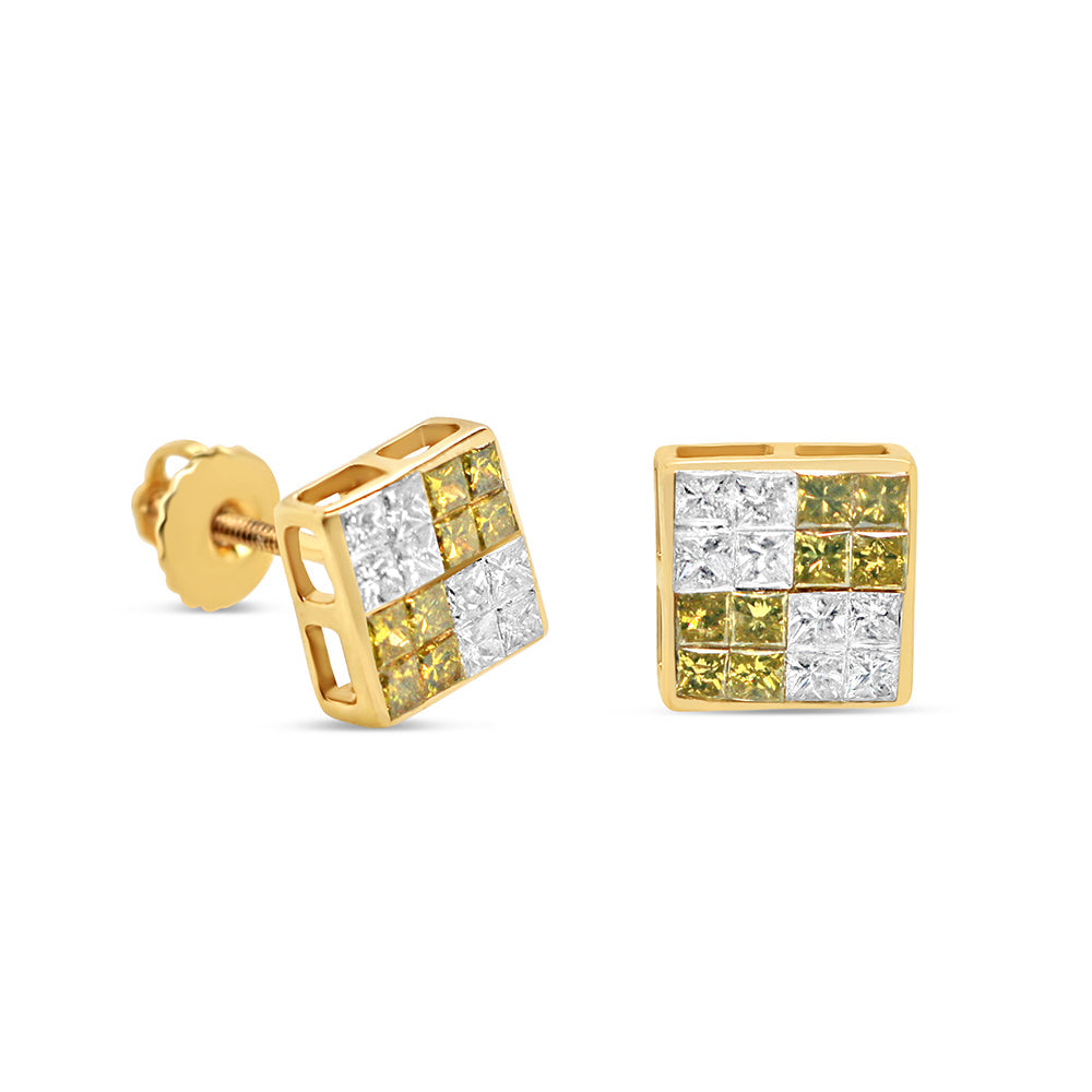 14K Yellow Gold | "4" White and Green Diamonds Square  Earrings | 1.22CTW | 7.73MM