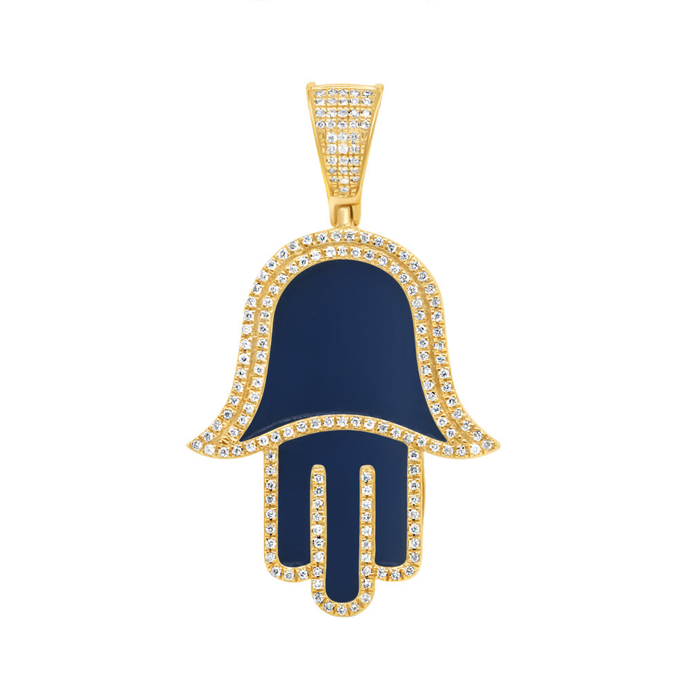 Blue Hamsa Pendant with Chain/Necklace | 14K Yellow Gold |0.46CT