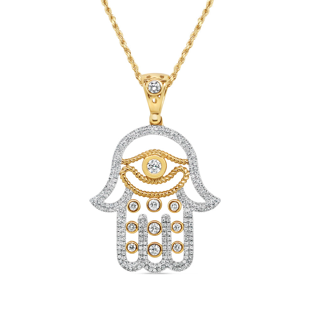 Light Weight Hamsa Pendant with Chain/Necklace | 14K Yellow Gold | 27.44MM| 1.67CT
