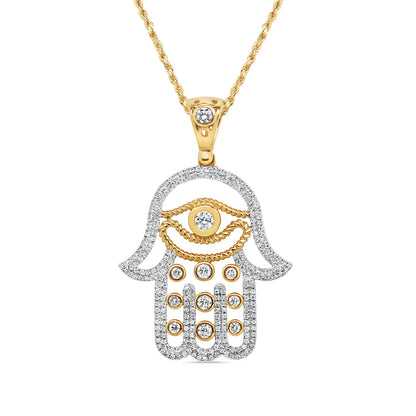 Light Weight Hamsa Pendant with Chain/Necklace | 14K Yellow Gold | 27.44MM| 1.67CT