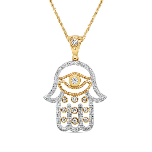 Light Weight Hamsa Pendant with Chain/Necklace | 14K Yellow Gold | 27.44MM| 1.67CT