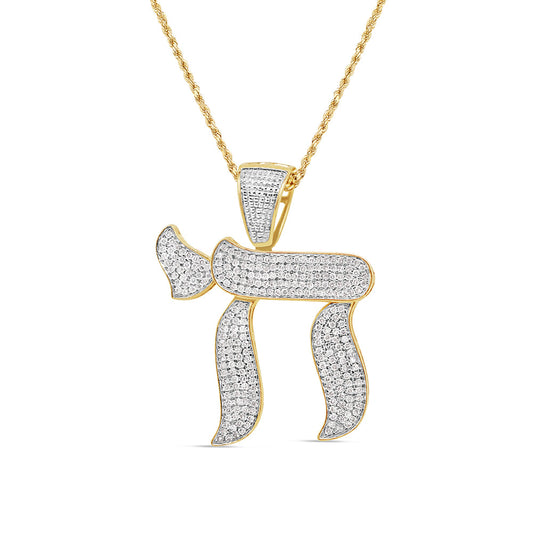 Hebrew Letter "Hai" or "H" with Necklace | 10K Yellow Gold | 28.30MM| 0.85CT