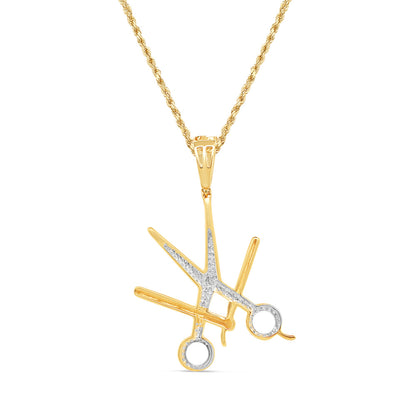 Barber Set - 'Blade + 'Scissors Pendant with Chain | 10K Yellow Gold | 23.70MM | .10CT
