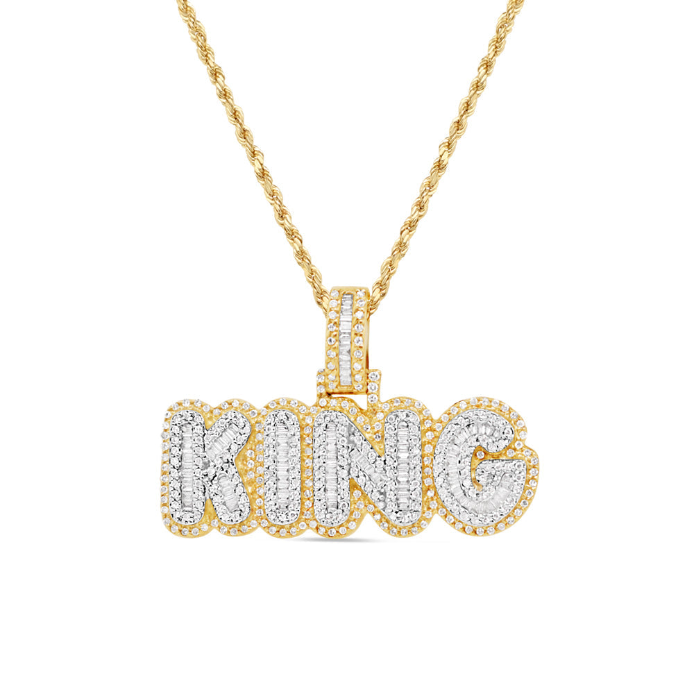 King Pendant' with Necklace | Round and Baguette Diamonds | 10K Solid Yellow Gold | 34.54MM | 0.97CT