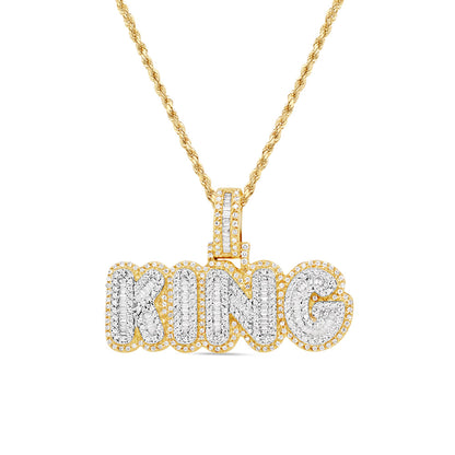 King Pendant' with Necklace | Round and Baguette Diamonds | 10K Solid Yellow Gold | 34.54MM | 0.97CT