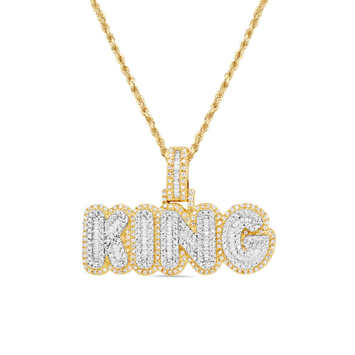 King Pendant' with Necklace | Round and Baguette Diamonds | 10K Solid Yellow Gold | 34.54MM | 0.97CT