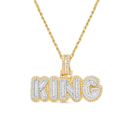 King Pendant' with Necklace | Round and Baguette Diamonds | 10K Solid Yellow Gold | 34.54MM | 0.97CT