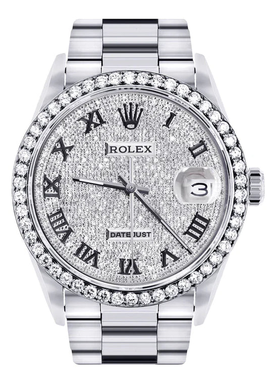 Diamond Rolex Datejust Watch 16200 for Men | 36MM | Full Diamond Roman Dial | Stainless Steel | Oyster Band