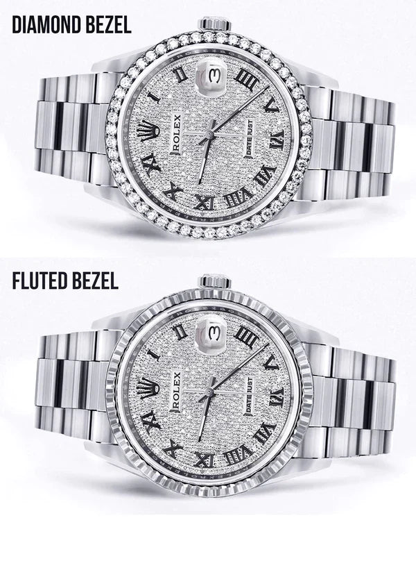 Diamond Rolex Datejust Watch 16200 for Men | 36MM | Full Diamond Roman Dial | Stainless Steel | Oyster Band