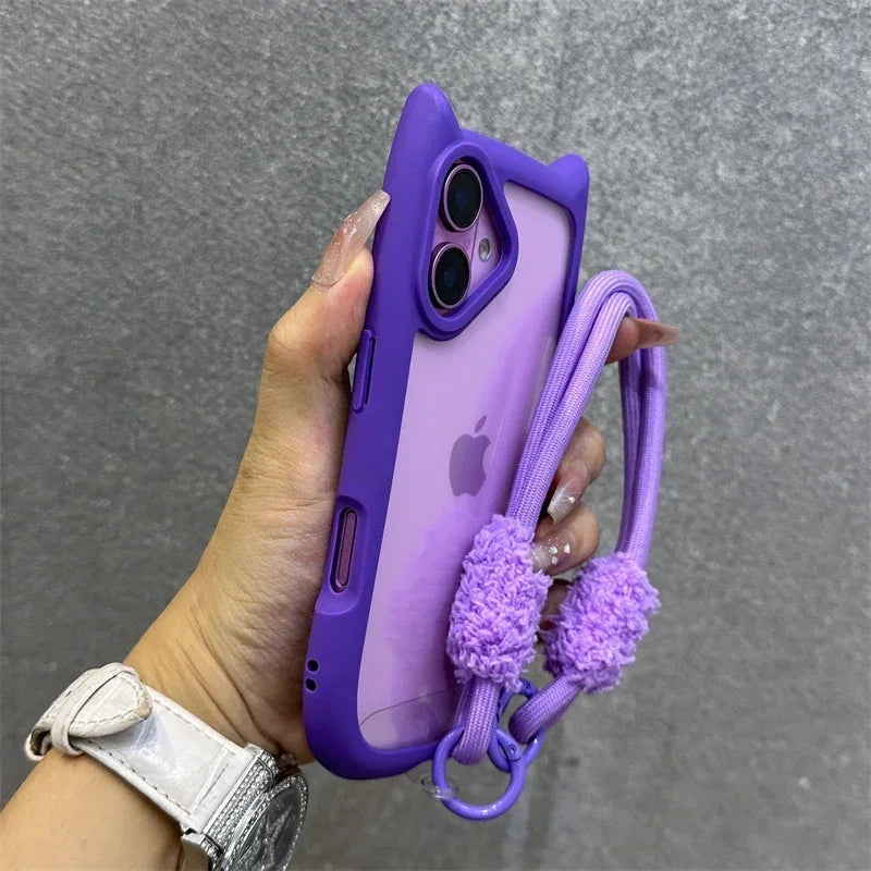 3D Cat Ear Transparent Magnetic iPhone Case with Lanyard