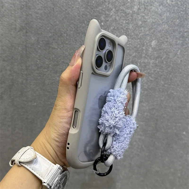 3D Cat Ear Transparent Magnetic iPhone Case with Lanyard