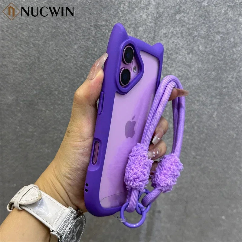 3D Cat Ear Transparent Magnetic iPhone Case with Lanyard