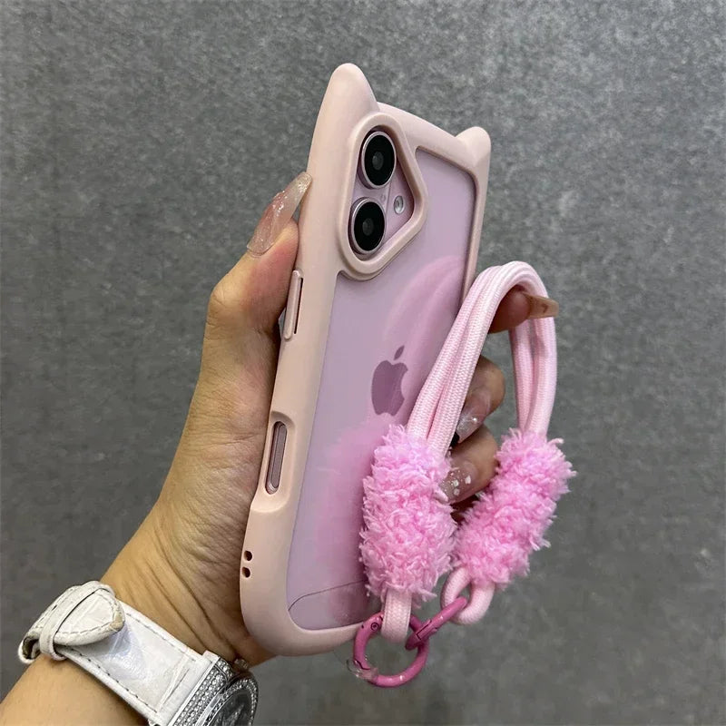 3D Cat Ear Transparent Magnetic iPhone Case with Lanyard
