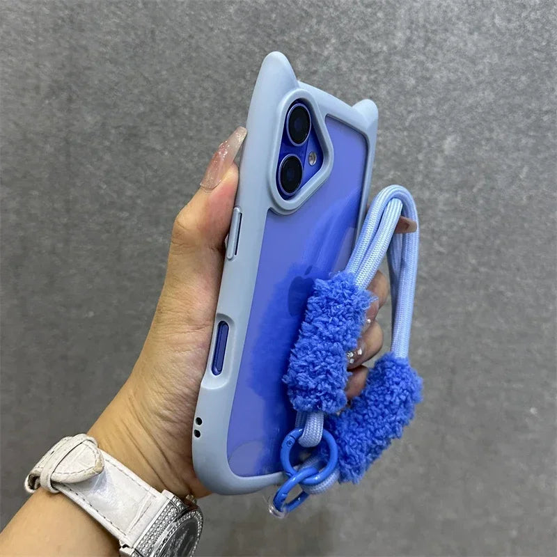 3D Cat Ear Transparent Magnetic iPhone Case with Lanyard