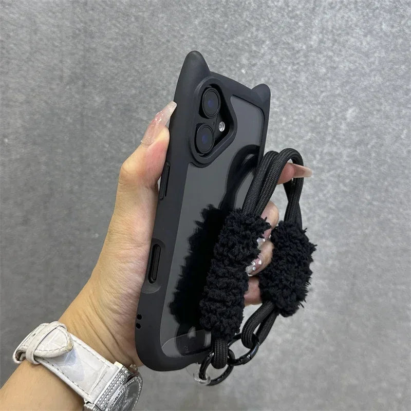 3D Cat Ear Transparent Magnetic iPhone Case with Lanyard