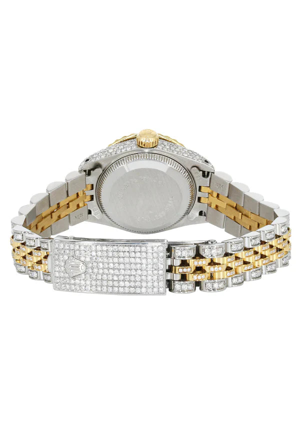 Full Diamond Bust Down Rolex Datejust Gold Watch for Women | 1 Carat Bezel | 26MM | Pink Dial | Jubilee Band