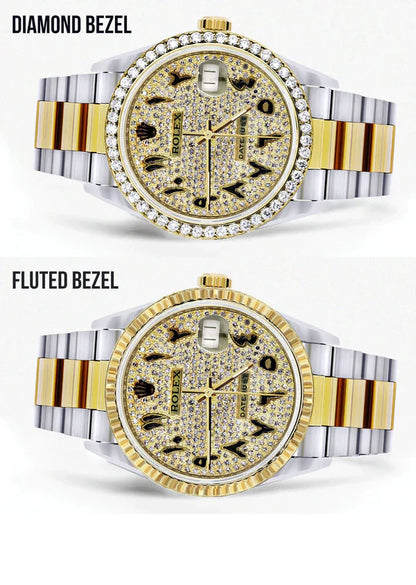 Diamond Gold Rolex Datejust Watch 16233 | 36MM | Black Arabic Full Diamond Dial | Stainless Steel | Oyster Band