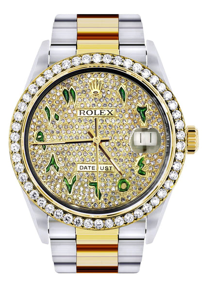 Diamond Gold Rolex Datejust Watch 16233 | 36MM | Custom Green Arabic Full Diamond Dial | Stainless Steel | Oyster Band