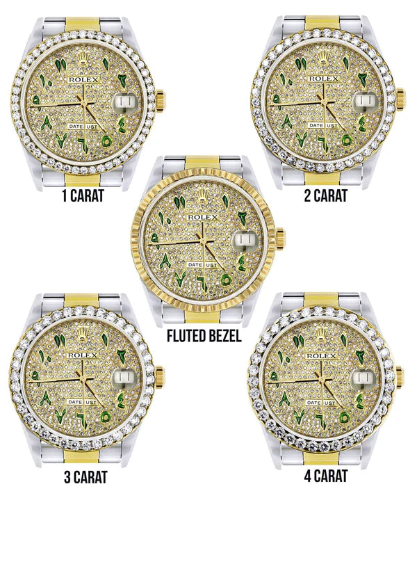 Diamond Gold Rolex Datejust Watch 16233 | 36MM | Custom Green Arabic Full Diamond Dial | Stainless Steel | Oyster Band