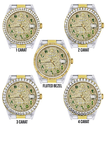 Diamond Gold Rolex Datejust Watch 16233 | 36MM | Custom Green Arabic Full Diamond Dial | Stainless Steel | Oyster Band