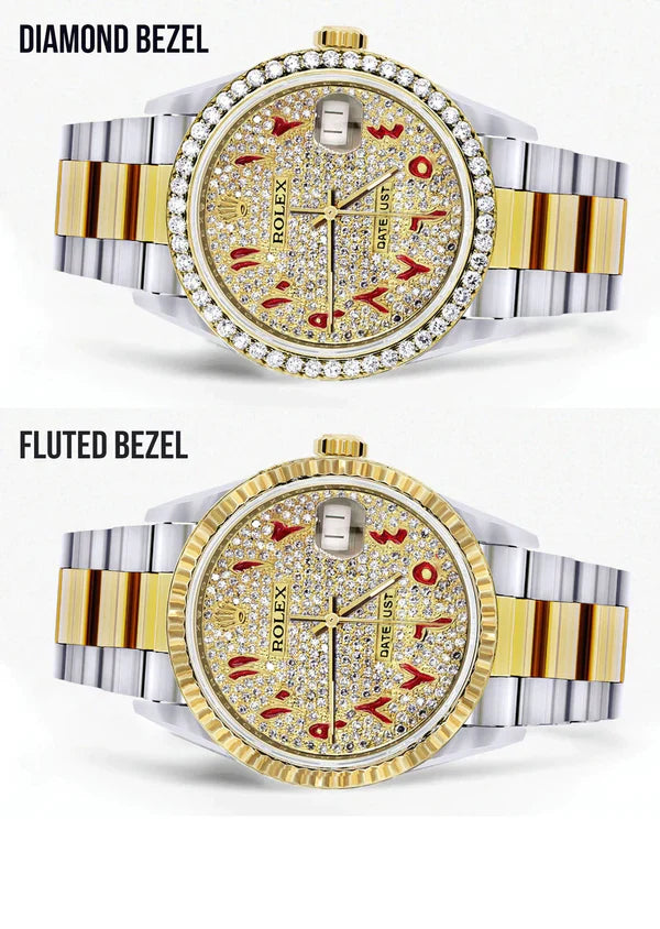 Diamond Rolex Datejust Watch 16233 | 36MM | Custom Red Arabic Full Diamond Dial | Stainless Steel | Oyster Band