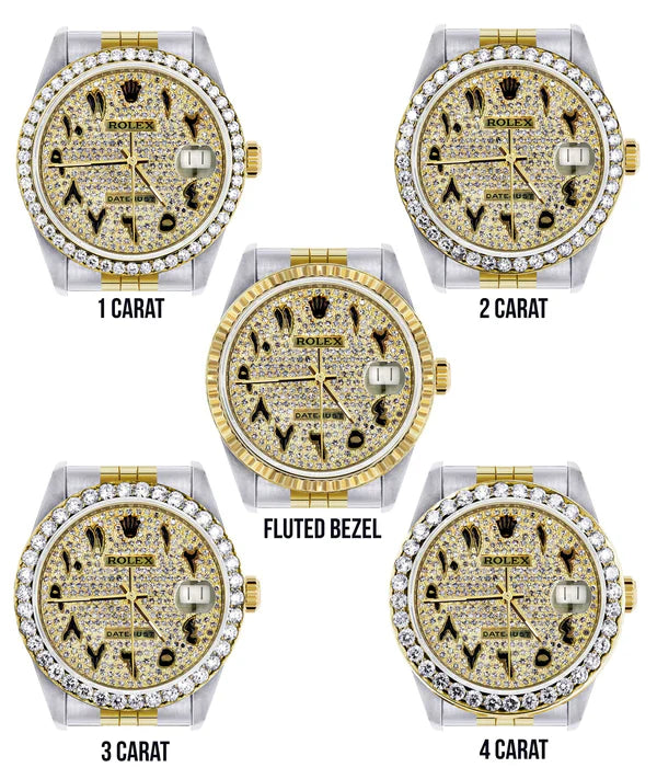 Diamond Gold Rolex Datejust Watch 16233 | 36MM | Black Arabic Full Diamond Dial | Stainless Steel | Jubilee Band