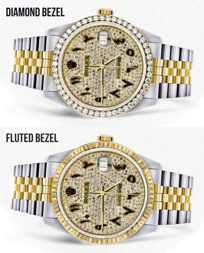 Diamond Gold Rolex Datejust Watch 16233 | 36MM | Black Arabic Full Diamond Dial | Stainless Steel | Jubilee Band