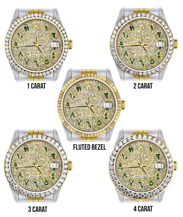 Diamond Gold Rolex Datejust Watch 16233 | 36MM | Custom Green Arabic Full Diamond Dial | Stainless Steel | Jubilee Band