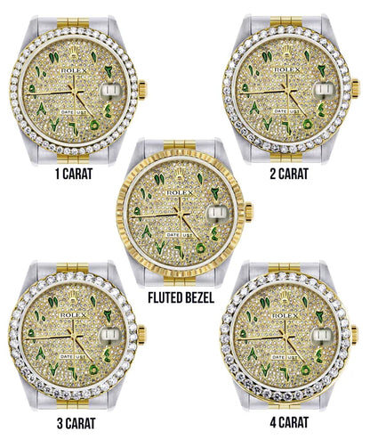 Diamond Gold Rolex Datejust Watch 16233 | 36MM | Custom Green Arabic Full Diamond Dial | Stainless Steel | Jubilee Band