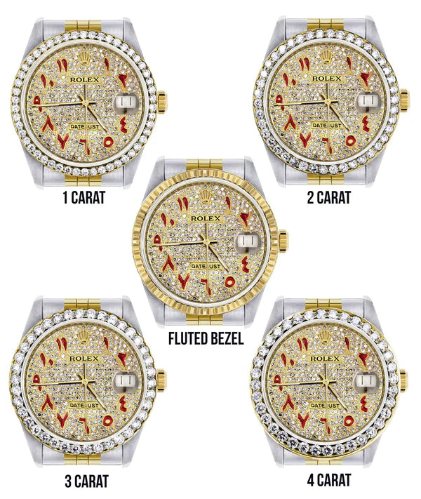 Diamond Rolex Datejust Watch 16233 | 36MM | Custom Red Arabic Full Diamond Dial | Stainless Steel | Jubilee Band