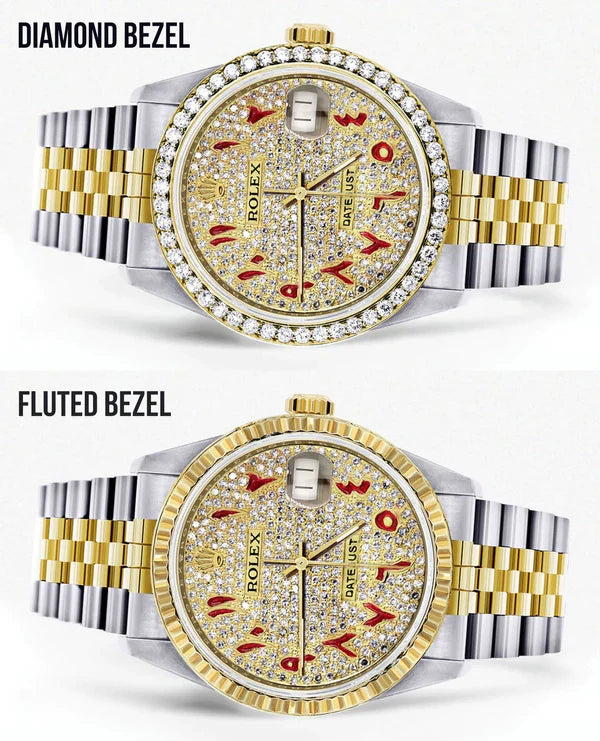 Diamond Rolex Datejust Watch 16233 | 36MM | Custom Red Arabic Full Diamond Dial | Stainless Steel | Jubilee Band