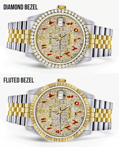 Diamond Rolex Datejust Watch 16233 | 36MM | Custom Red Arabic Full Diamond Dial | Stainless Steel | Jubilee Band