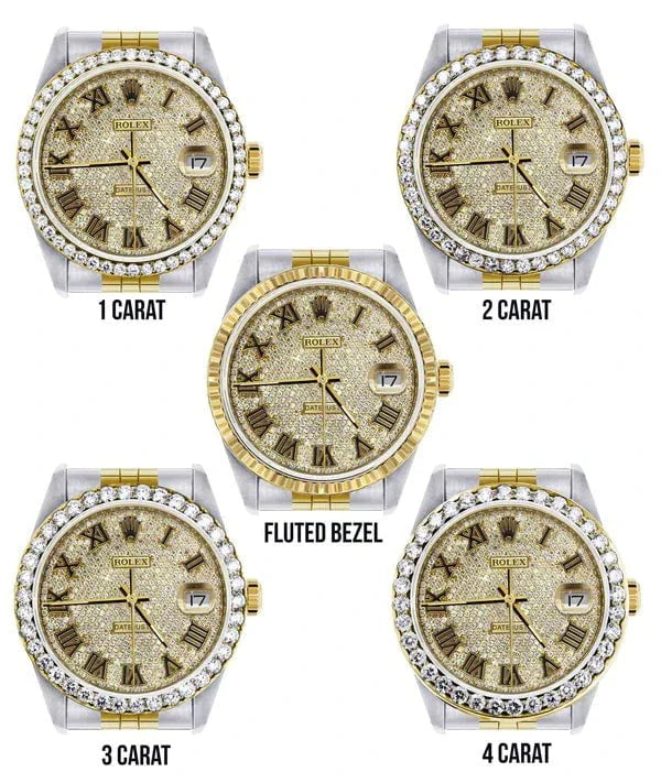 Diamond Gold Rolex Datejust Watch 16233 | 36MM | Full Diamond Roman Dial | Jubilee Band