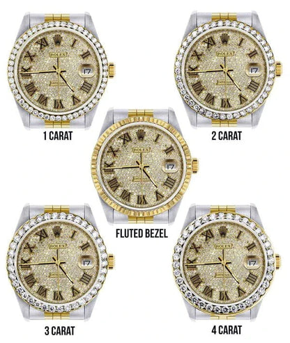 Diamond Gold Rolex Datejust Watch 16233 | 36MM | Full Diamond Roman Dial | Jubilee Band