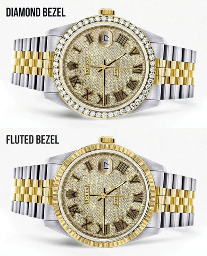 Diamond Gold Rolex Datejust Watch 16233 | 36MM | Full Diamond Roman Dial | Jubilee Band