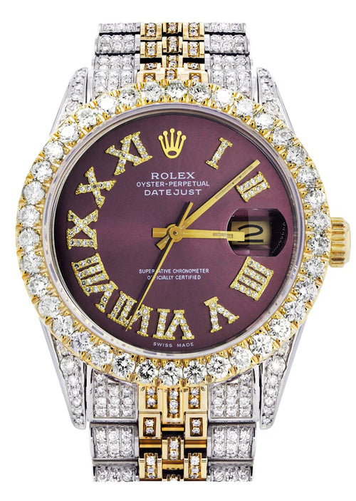 Iced Out Rolex Datejust | 36MM | Burgandy Roman Diamond Dial | Two Tone | Diamond Jubilee Band | 10 Carats of Diamonds