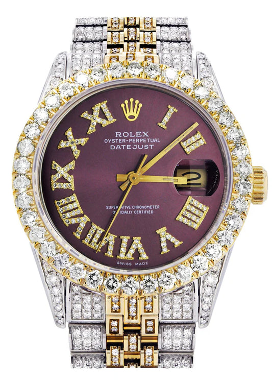Iced Out Rolex Datejust | 36MM | Burgandy Roman Diamond Dial | Two Tone | Diamond Jubilee Band | 10 Carats of Diamonds