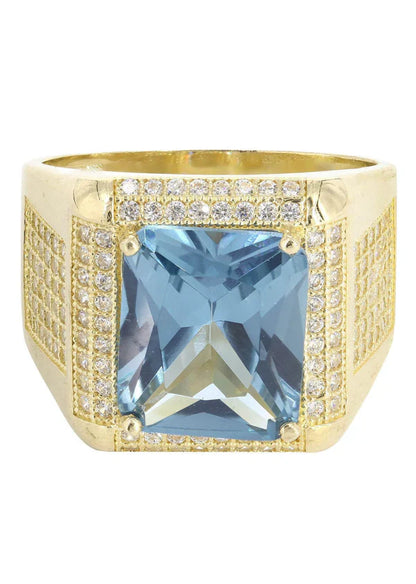 Mens Aqua Marine Ring | 10K Solid Yellow Gold